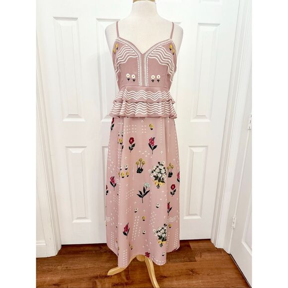 Sahil Kochhar Pink Sahara Floral Embroidered Peplum Dress Size 10 Anthropologie - Picture 1 of 8